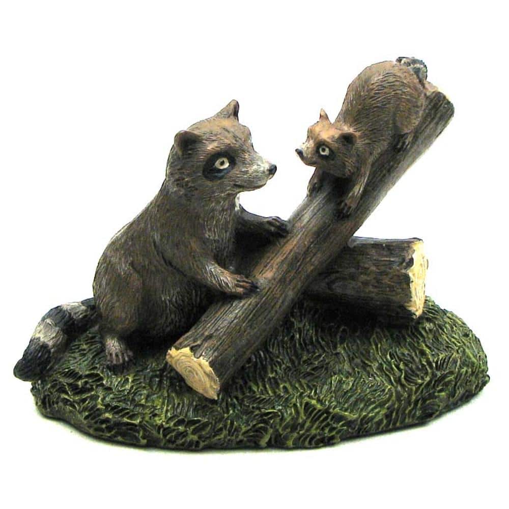 BreeBe - Resin Raccoons on Log - Brown, Green