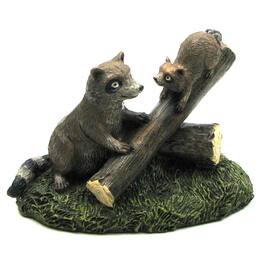 BreeBe - Resin Raccoons on Log - Brown, Green