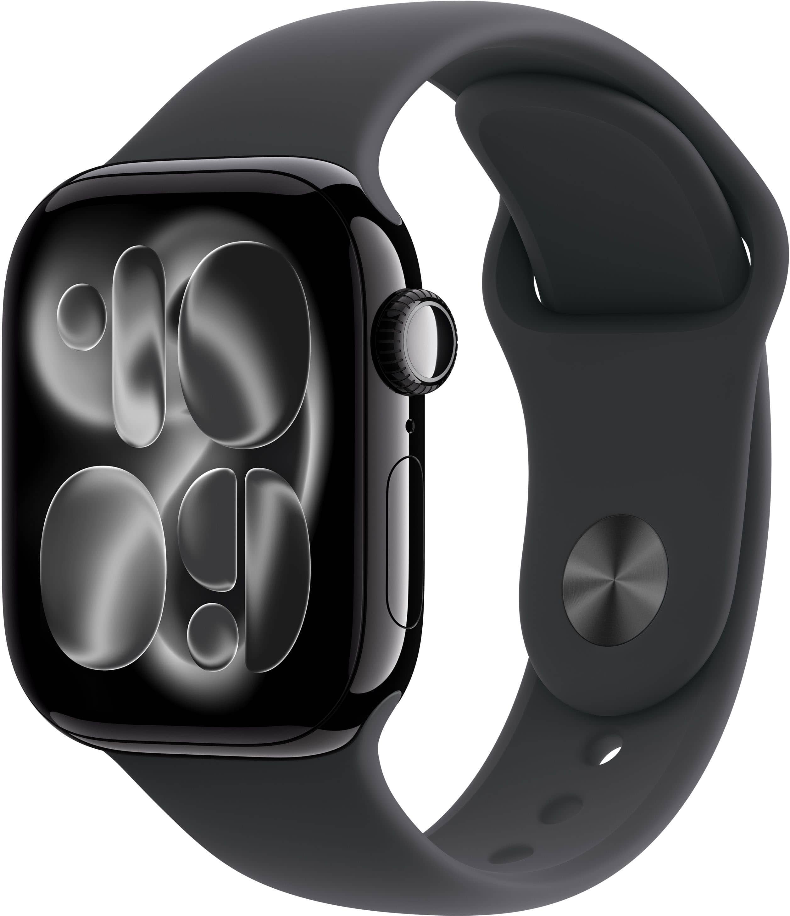 Apple Watch Series 11 (GPS) 42mm Jet Black Aluminum Case with Black Sport Band - S/M - Jet Black - (2025) - Front_Zoom