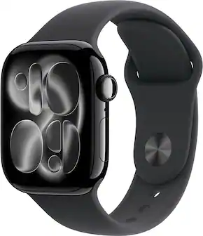 Front. Apple - Apple Watch Series 11 (GPS) 42mm Jet Black Aluminum Case with Black Sport Band - S/M - Jet Black.