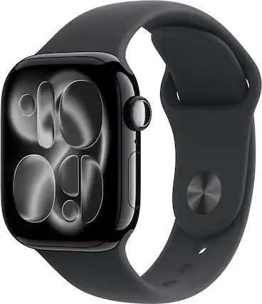 Front. Apple - Apple Watch Series 11 (GPS) 42mm Jet Black Aluminum Case with Black Sport Band - S/M - Jet Black.