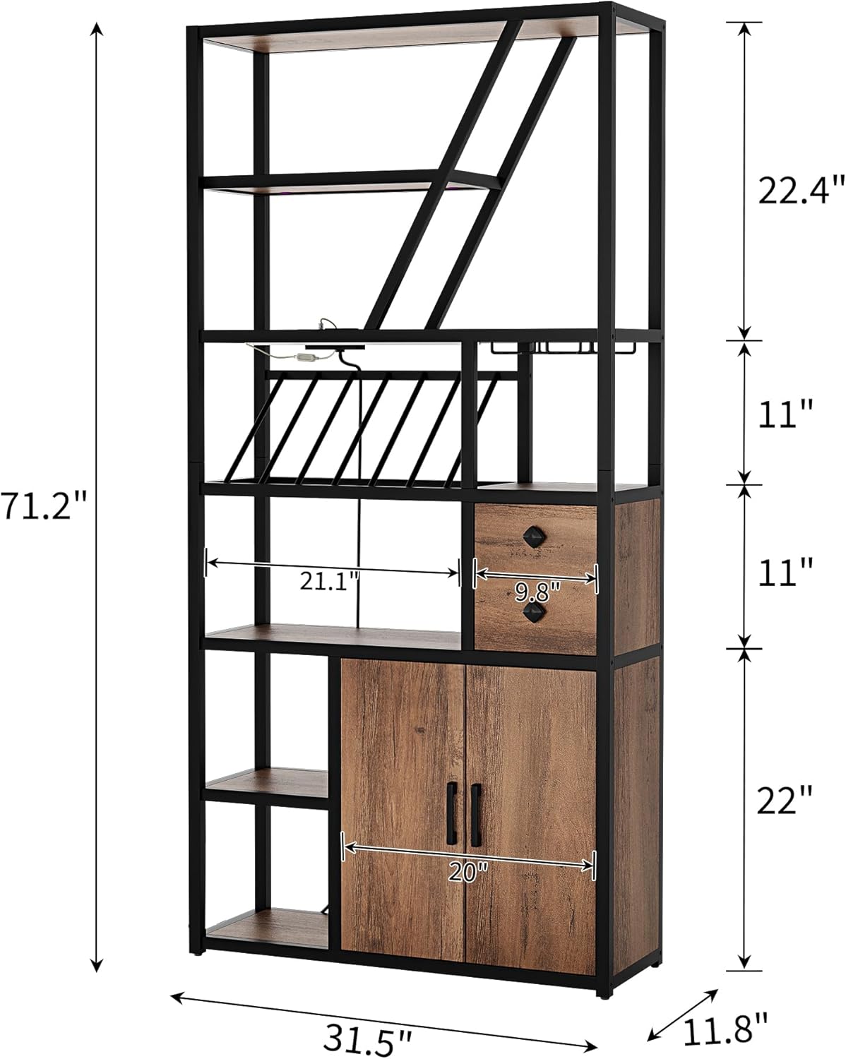 - Height: 71.2"
- Width: 31.5"
- Depth: 22"
- Shelf 1: 22.4" (height) x 21.1" (width)
- Shelf 2: 11" (height) x 21.1" (width)
- Shelf 3: 11" (height) x 21.1" (width)
- Drawer: 11.8" (height) x 20" (width) x 9.8" (depth)