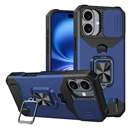 Front. Kitcheniva - Multi-Use Card Holder Stand Phone Case With Lens Cover Tempered Glass For iPhone 17 Blue - Blue.