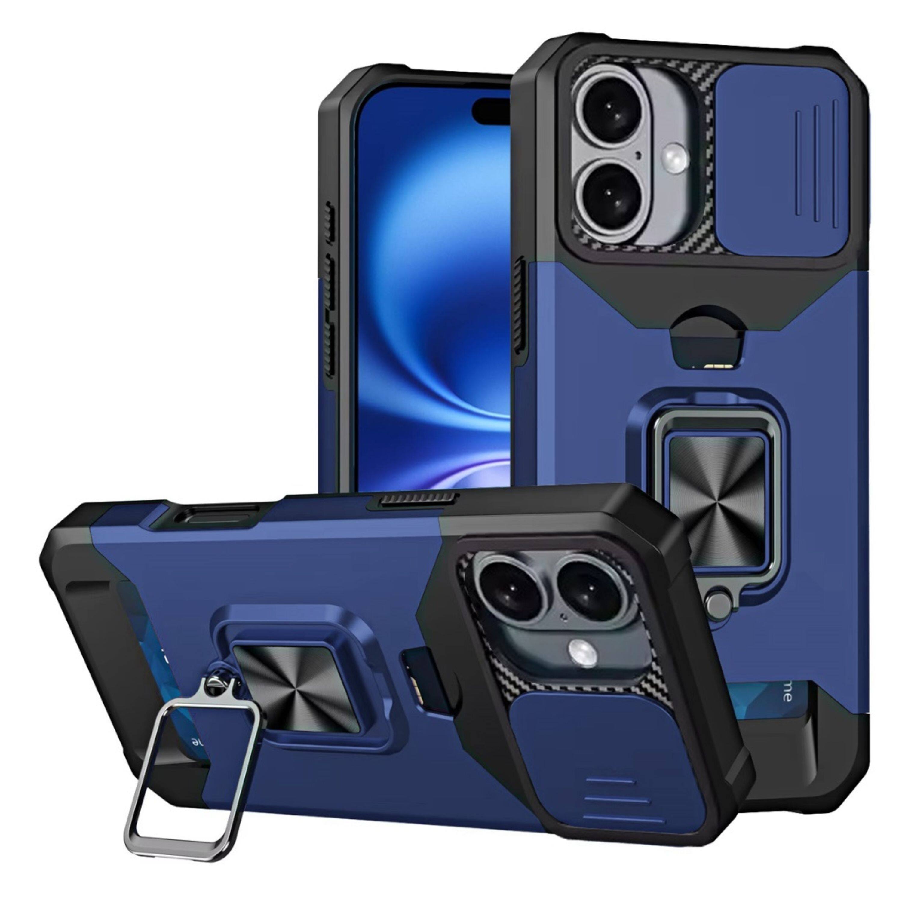 Front. Kitcheniva - Multi-Use Card Holder Stand Phone Case With Lens Cover Tempered Glass For iPhone 17 Blue - Blue.