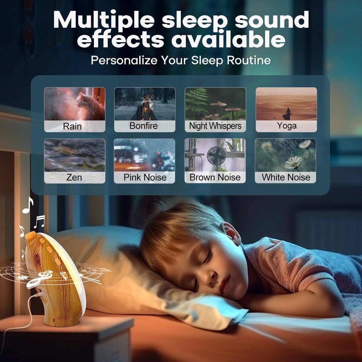 Multiple sleep sound effects available  
Personalize Your Sleep Routine  

Rain  
Bonfire  
Night Whispers  
Yoga  
Zen  
Pink Noise  
Brown Noise  
White Noise