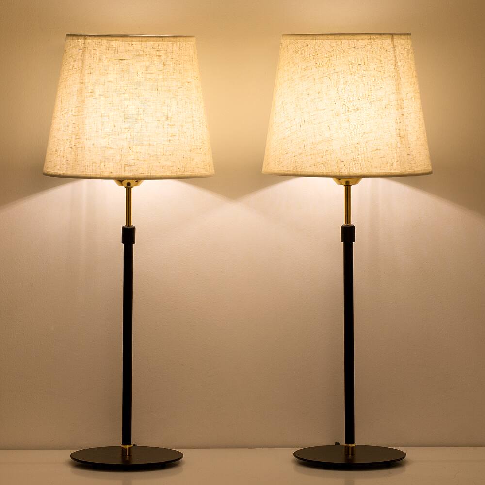 Back. Oumilen - 2-Pack Adjustable Height Table Lamps with Round Iron Bases & Beige Fabric Shades.