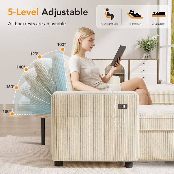 5-Level Adjustable  
All backrests are adjustable  
1. Loveseat Sofa  
2. Rediner  
3. Sofa Bed  

100°  
120°  
140°  
160°  
180°