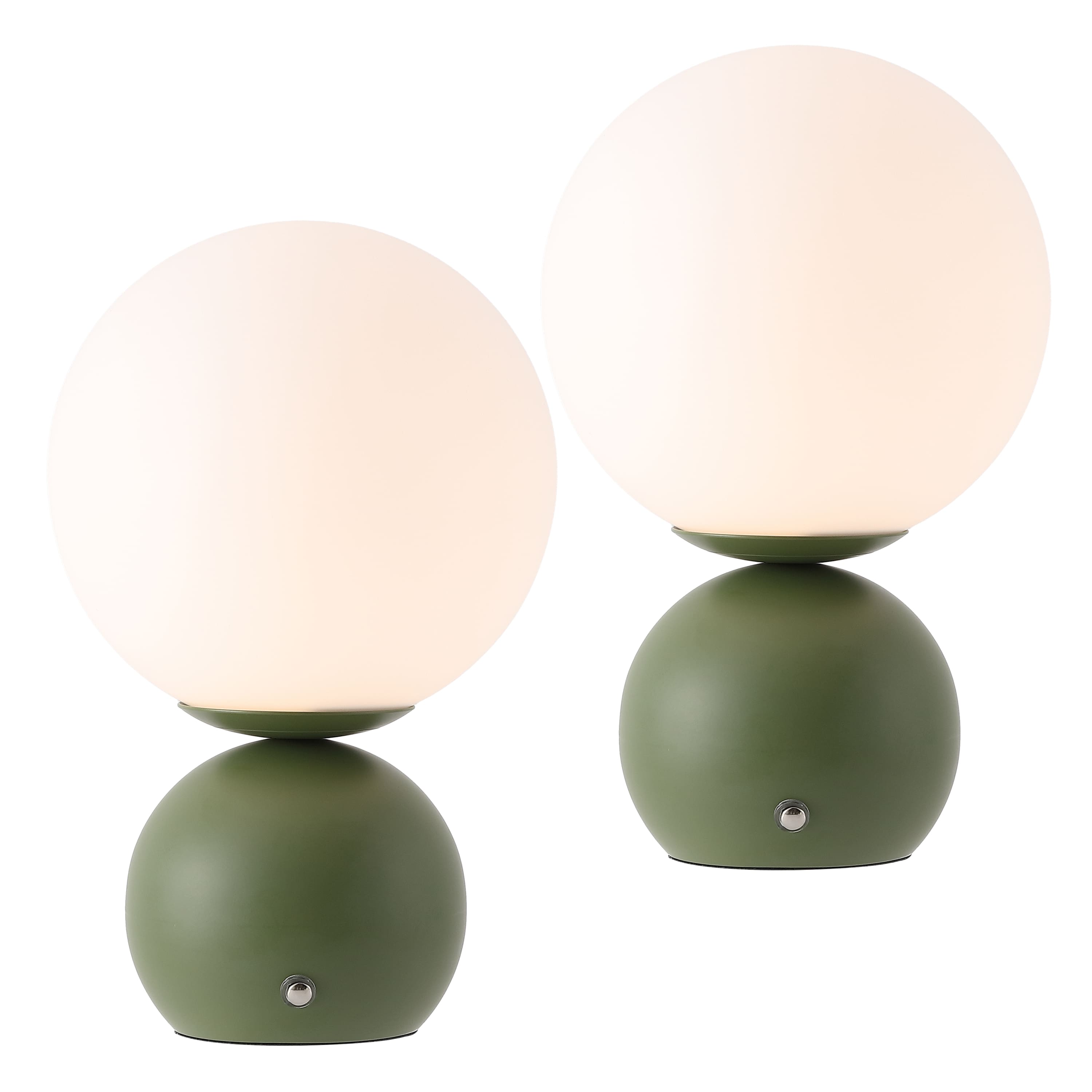 Jonathan Y - Fatima 9.5" Modern Metal Rechargeable Table Lamp Set of 2, with White Glass Globe Shade and Touch Sensor - Green