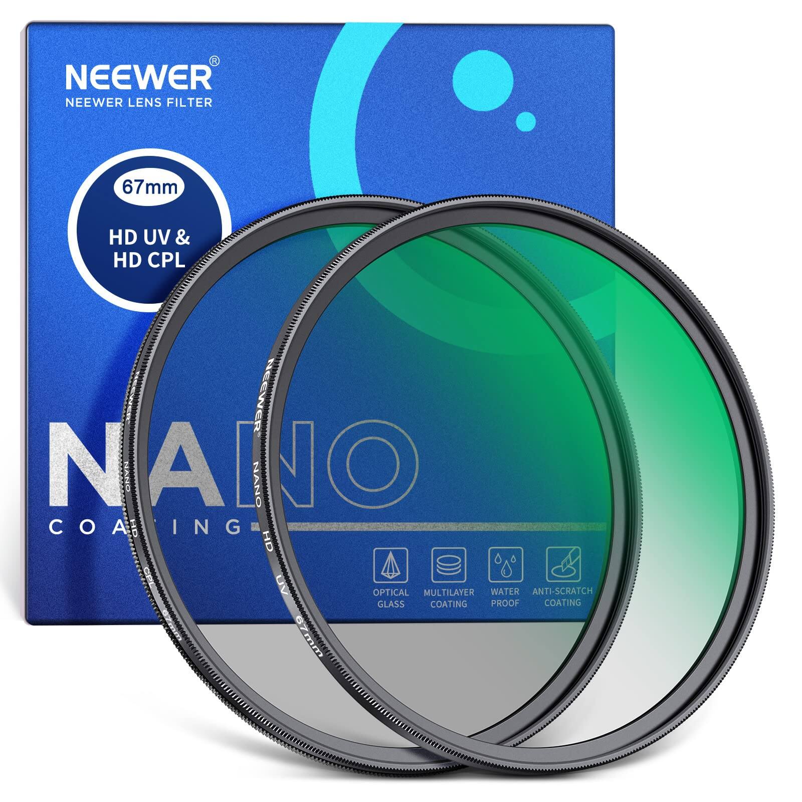 NEEWER LENS FILTER 67mm HD UV & HD CPL  
CR NANO NANO COATING  
HD UV OPTICAL MULTILAYER WATER ANTI-SCRATCH GLASS COATING