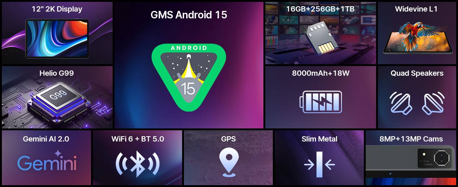 12" 2K Display  
GMS Android 15  
Helio G99  
16GB+256GB+1TB  
8000mAh+18W  
WiFi 6 + BT 5.0  
GPS  
Slim Metal  
8MP+13MP Cams  
Quad Speakers  
Gemini AI 2.0  
Widevine L1