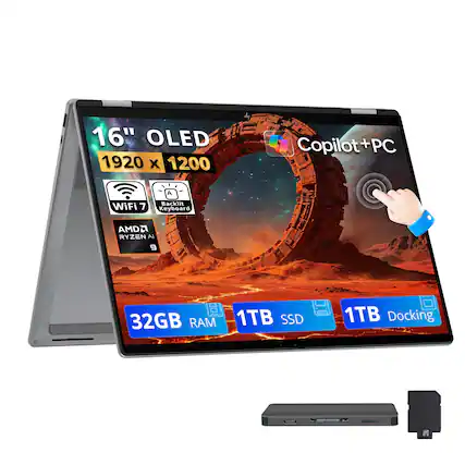 16" OLED 1920 x 1200 Copilot+PC
WiFi 7
Backlit Keyboard
AMD Ryzen AI 9
32GB RAM
1TB SSD
1TB Docking