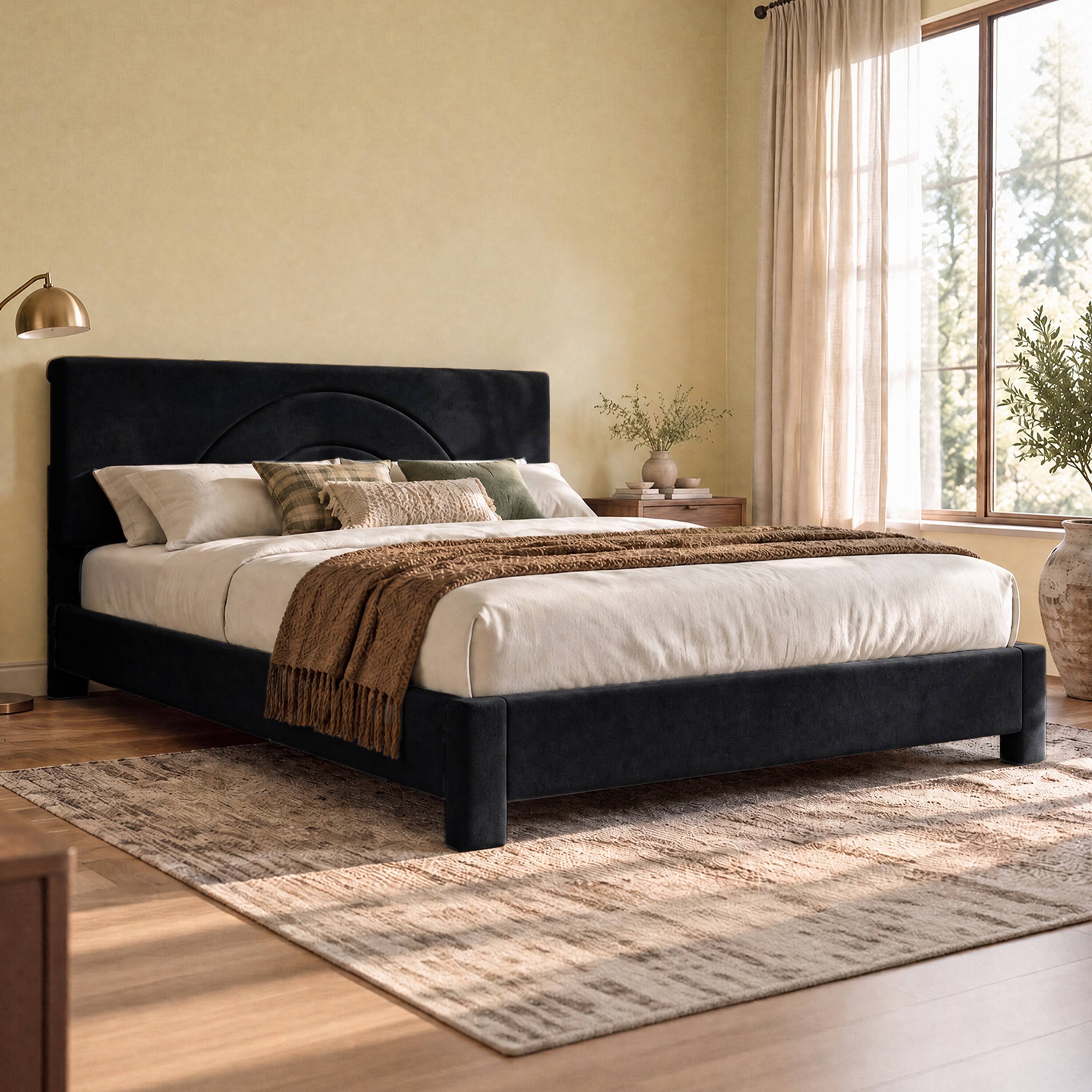 Vipbear Velvet Upholstered Bed Frame with Solid Wood Slats, Platform ...