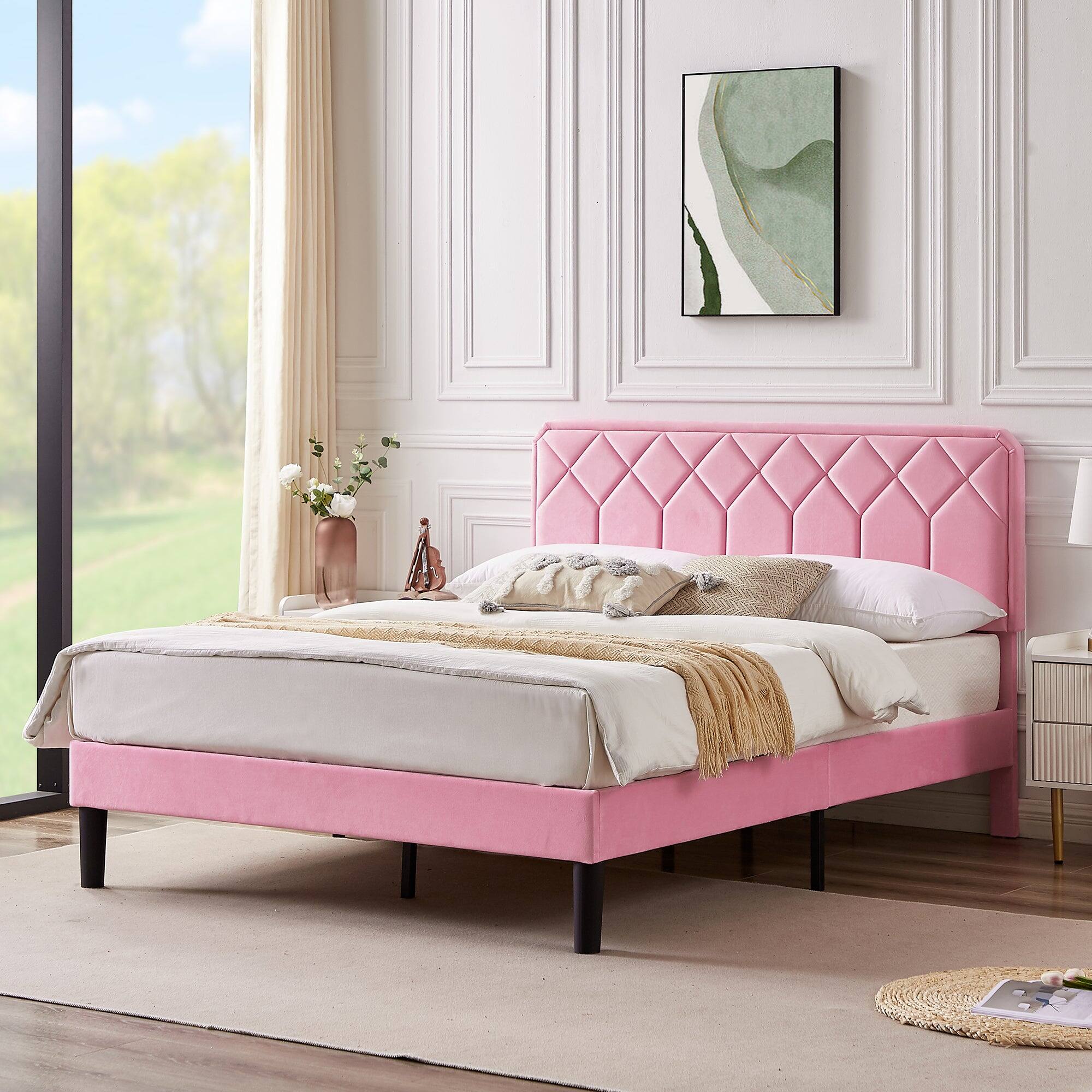 Angle. Vecelo - Full Size Upholstered Bed With Adjustable Headboard And Underbed Storage - Metal Platform Bed,Quiet Design - Pink.