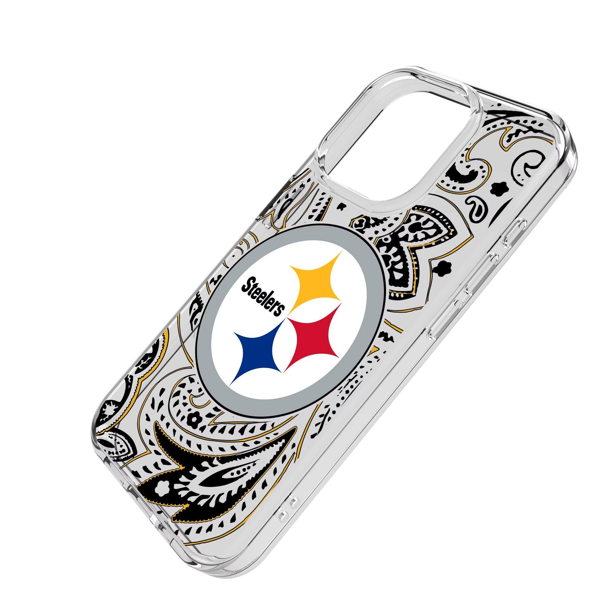 Alt View 1. Keyscaper - Pittsburgh Steelers iPhone Clear Paisley Design Case - 14 Pro Max - Multicolor.