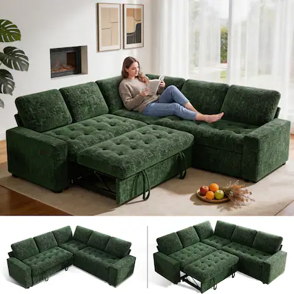 Front. Dyonery - 80" 5 Seat Modular Sectional Couch Sofa with Pull Out Bed/USB Ports/Adjustable Backrest/Storage Seats for Living Room - Green.