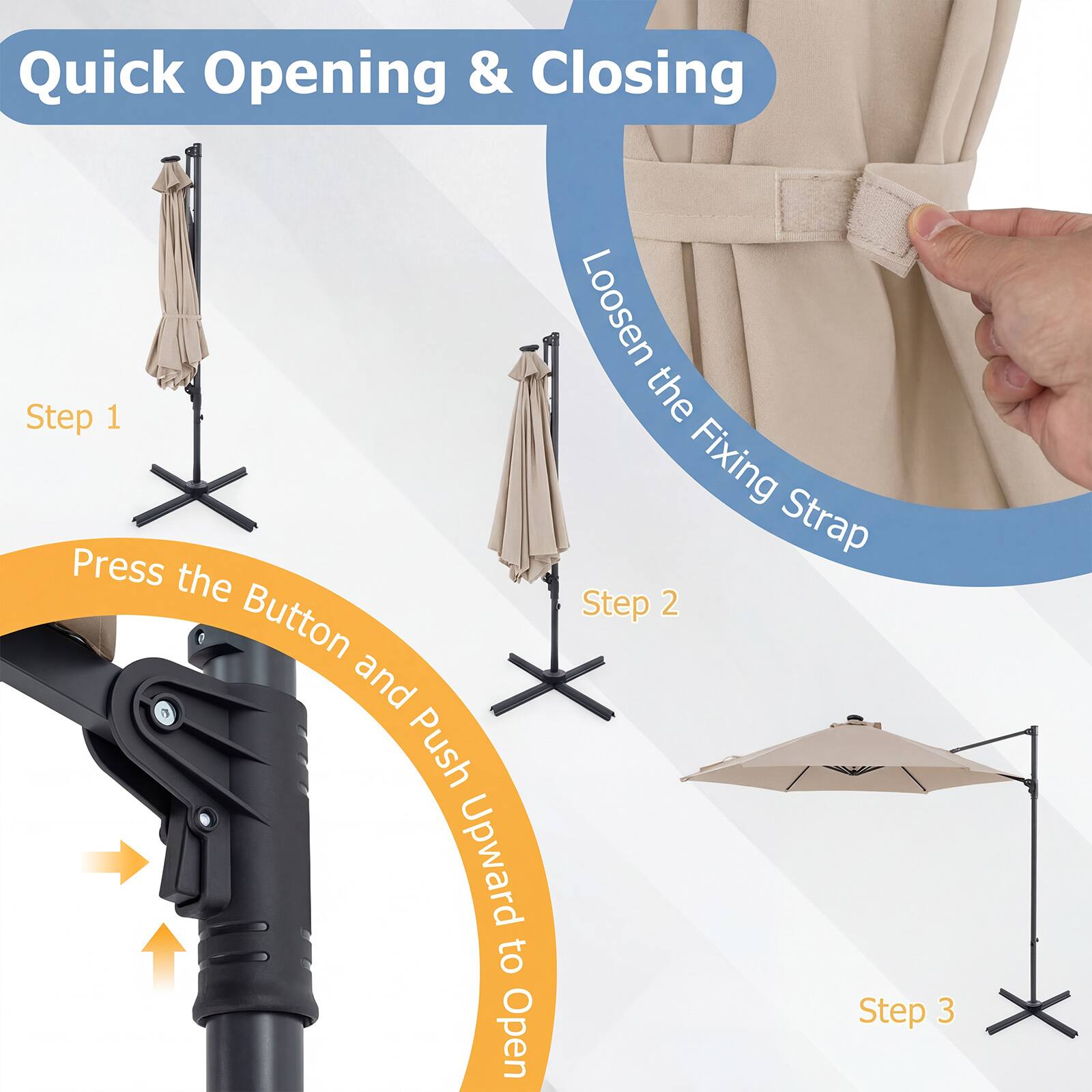 Quick Opening & Closing

Step 1: Loosen the Fixing Strap

Step 2: Press the Button and Push Upward to Open

Step 3