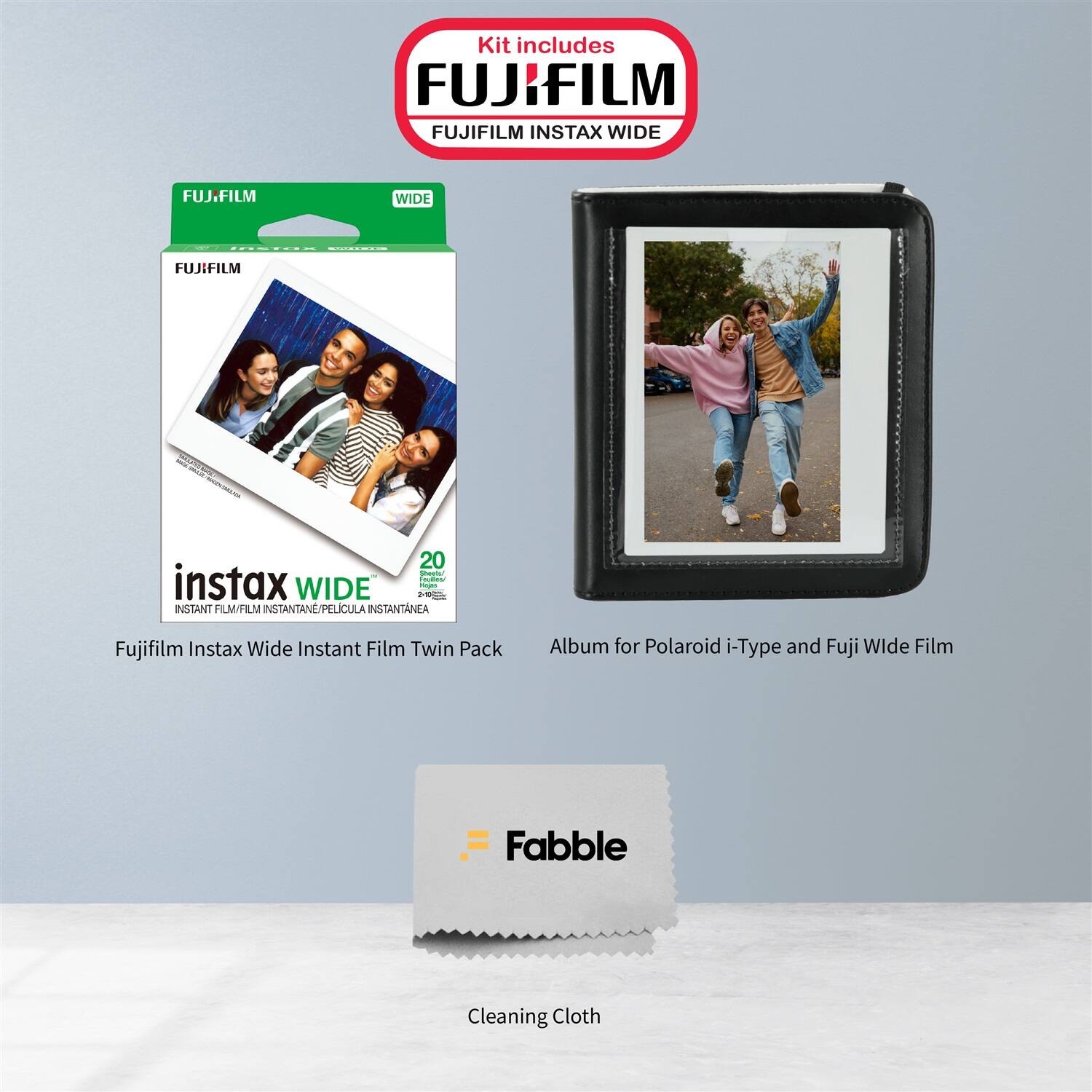 Kit includes:

- FUJIFILM INSTAX WIDE
- Fujifilm Instax Wide Instant Film Twin Pack
- Album for Polaroid i-Type and Fuji Wide Film
- Fabble Cleaning Cloth