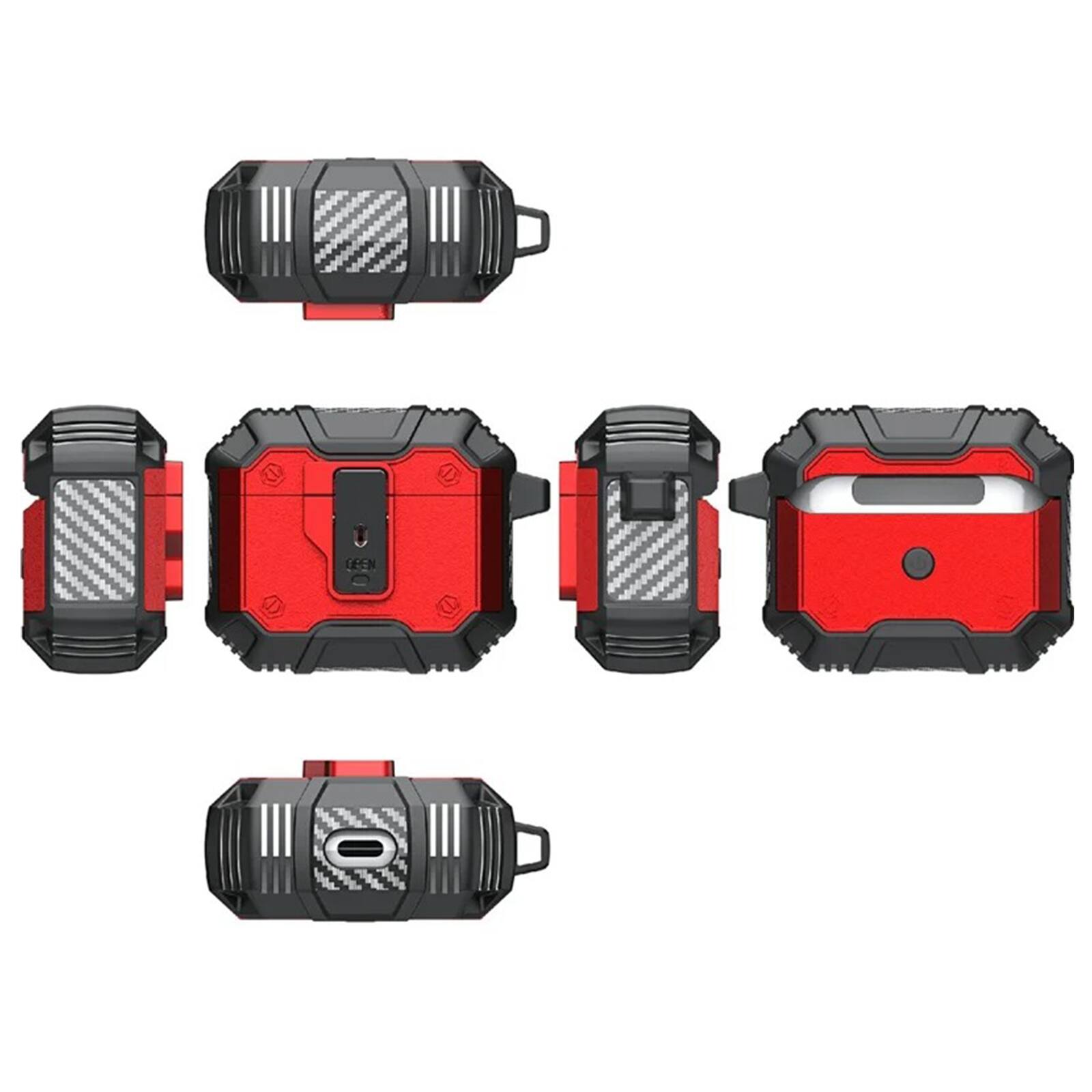 Alt View 4. UUCOVER - For Apple Airpods 4th Gen Protective Case with Secure Button Lock and Metal Keychain, Drop Protection Full-Body Cover - Red.