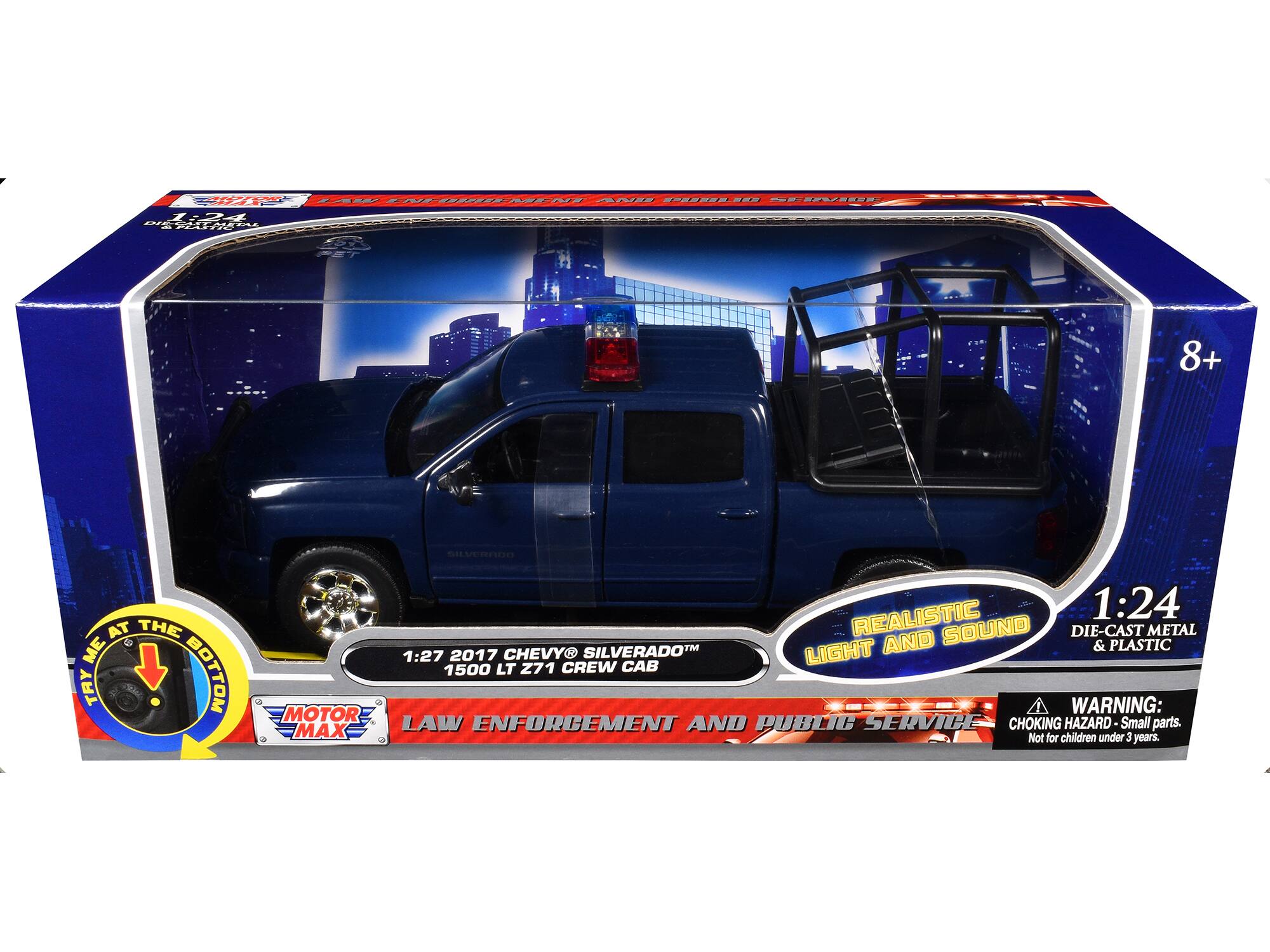 A2 AENS SAA - - | -wW.-.-- adi   S2112 ... ParR 8+ AO E AT THE ME TAY BOTTOM REALISTIC 1:24 SOUND DIE-CAST METAL 2017 CHEVY SILVERADOTM LIGHT AND & PLASTIC 1:27 1500 LT Z71 CREW CAB MOTOR WARNING: MAX LAW ENFORCEMENT AND PUBLIC SERVICE CHOKING HAZARD Small parts. Not for children under 3 years.