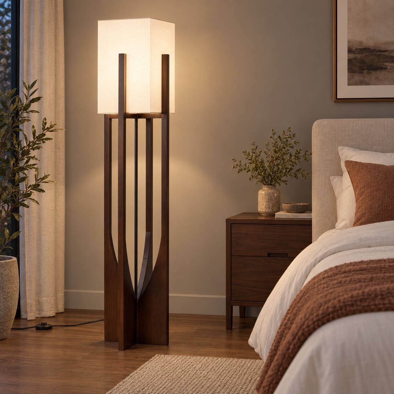 Alt View 1. E.P. Light - Modern Wabi-Sabi Wooden Standing Floor Lamp with Fabric Shade, 3 Color Modes - Brown.