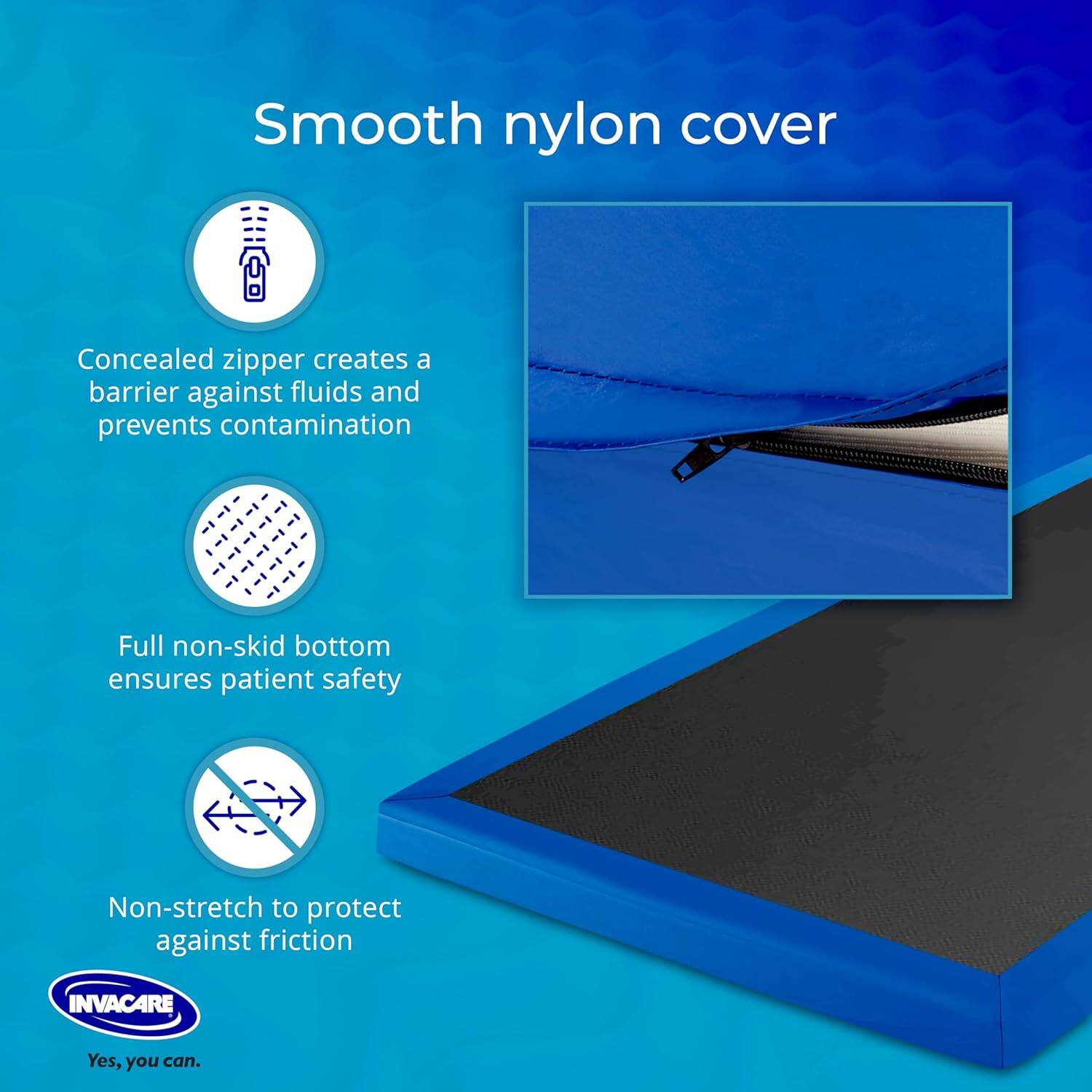 Smooth nylon cover

- Concealed zipper creates a barrier against fluids and prevents contamination
- Full non-skid bottom ensures patient safety
- Non-stretch to protect against friction

INVACARE  
Yes, you can.