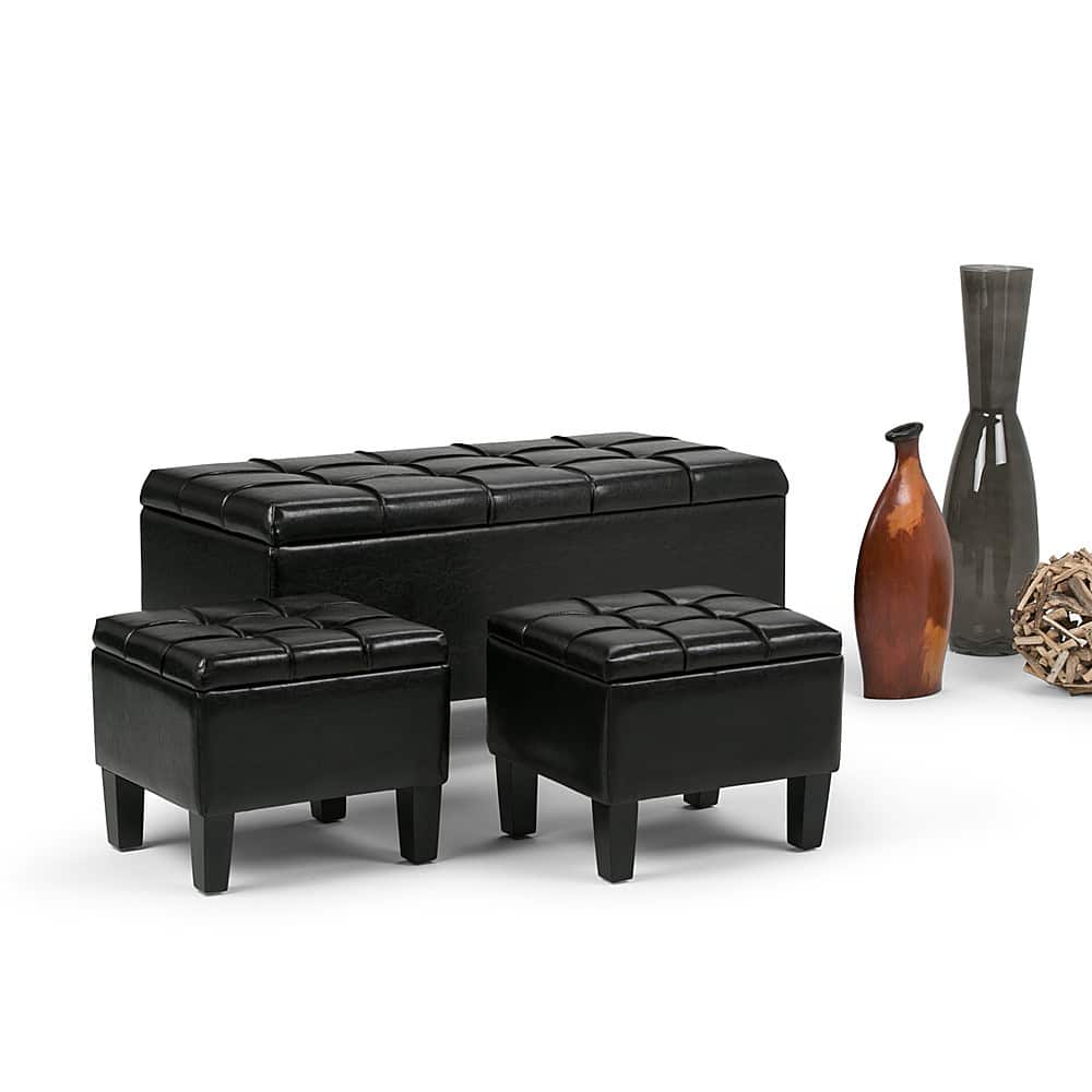 Left View: Simpli Home - Dover Rectangular Faux Leather Storage Ottoman Bench (Set of 3) - Midnight Black