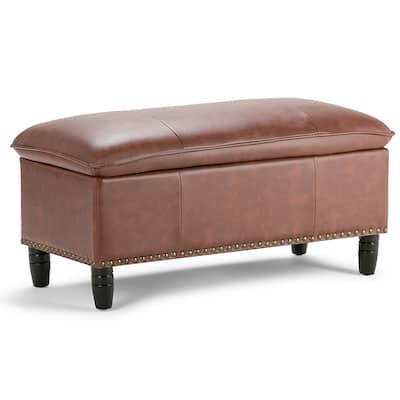 Simpli Home - Emily Rectangular Polyurethane Faux Leather Bench Ottoman With Inner Storage - Cognac