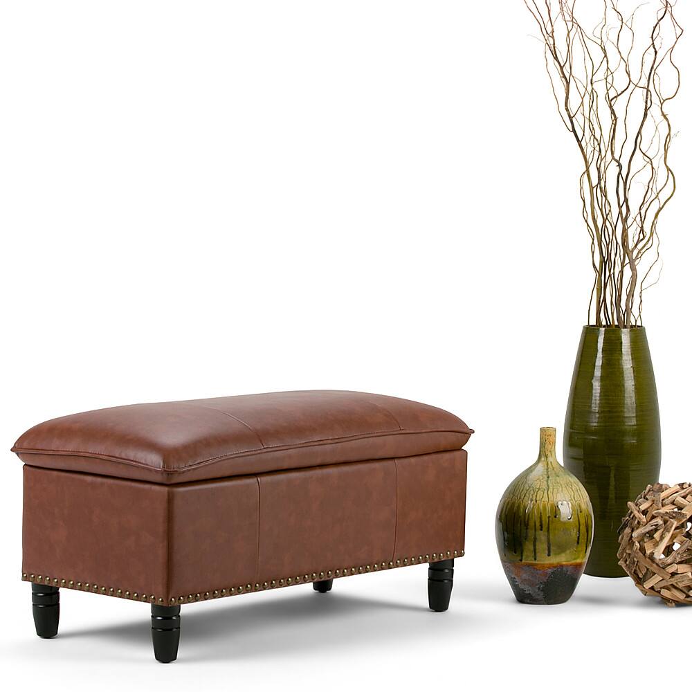 Left View: Simpli Home - Emily Rectangular Polyurethane Faux Leather Bench Ottoman With Inner Storage - Cognac