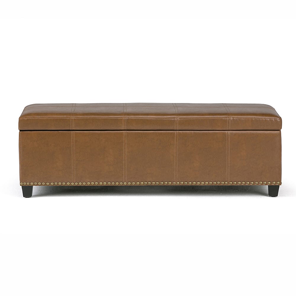 Angle. Simpli Home - Kingsley Rectangular Bonded Leather Bench Ottoman With Inner Storage - Burnt Umber Tan.