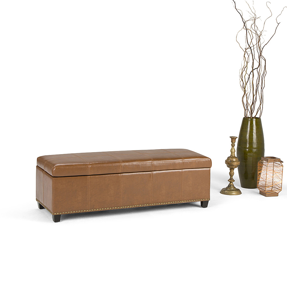 Left View: Simpli Home - Kingsley Rectangular Bonded Leather Bench Ottoman With Inner Storage - Burnt Umber Tan