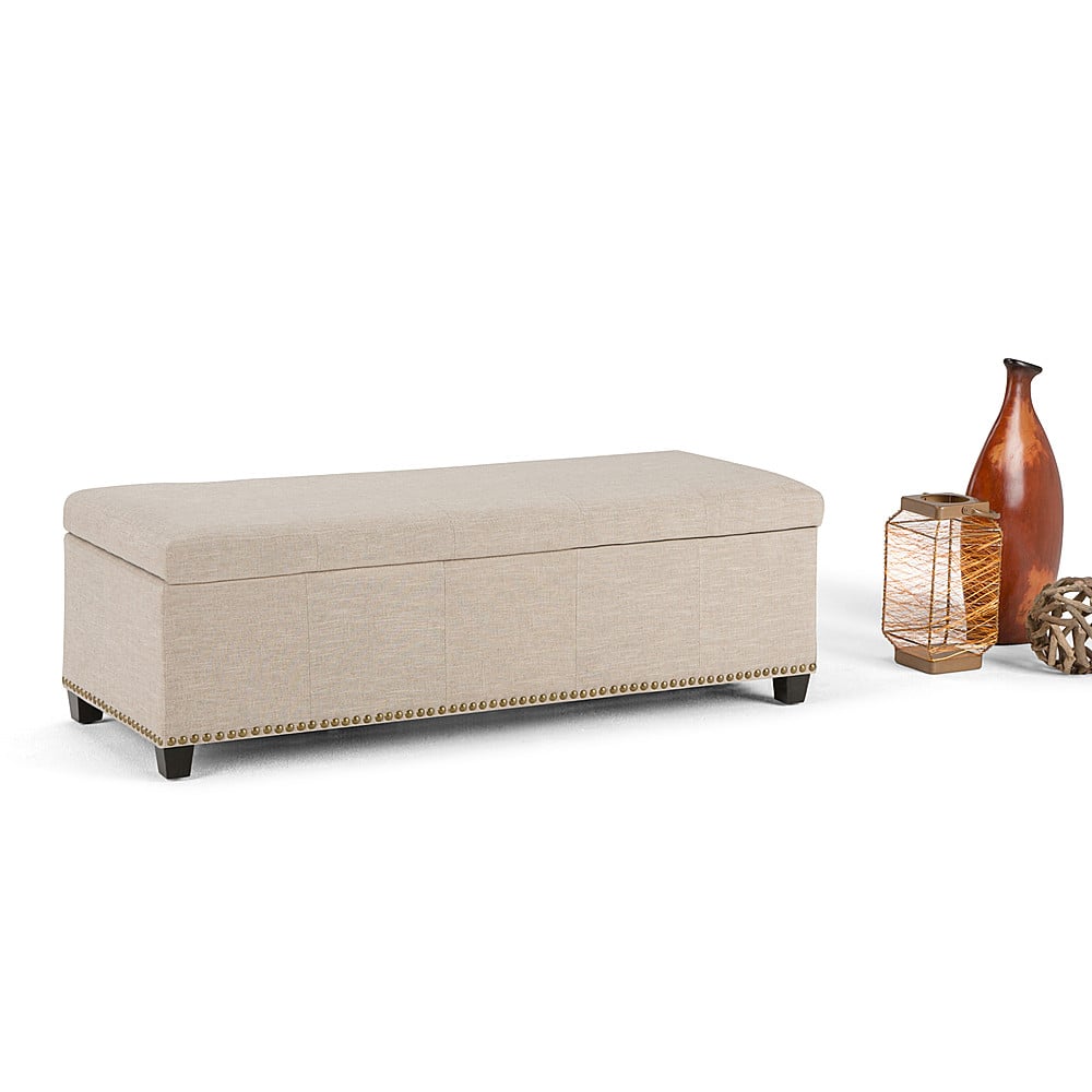 Left View: Simpli Home - Kingsley Rectangular Polyester Bench Ottoman With Inner Storage - Natural