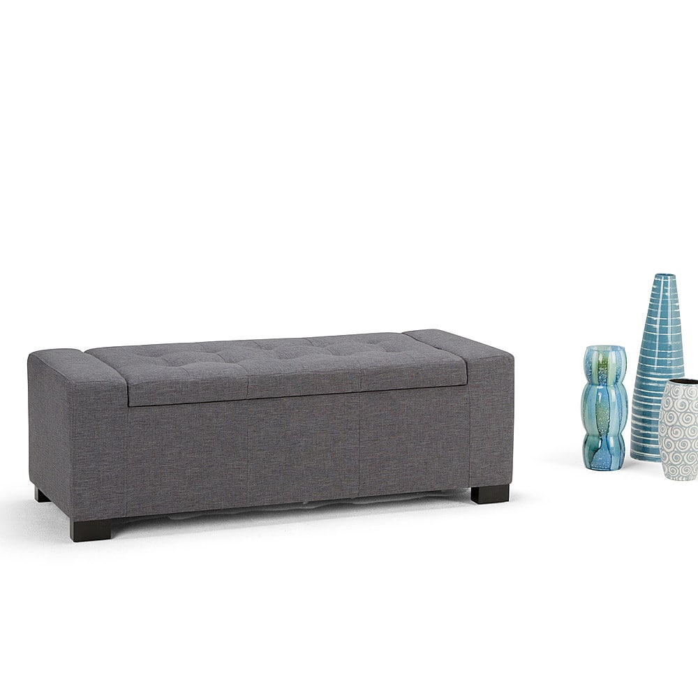 Left. Simpli Home - Laredo Rectangular Polyester Bench Ottoman With Inner Storage - Slate Gray.
