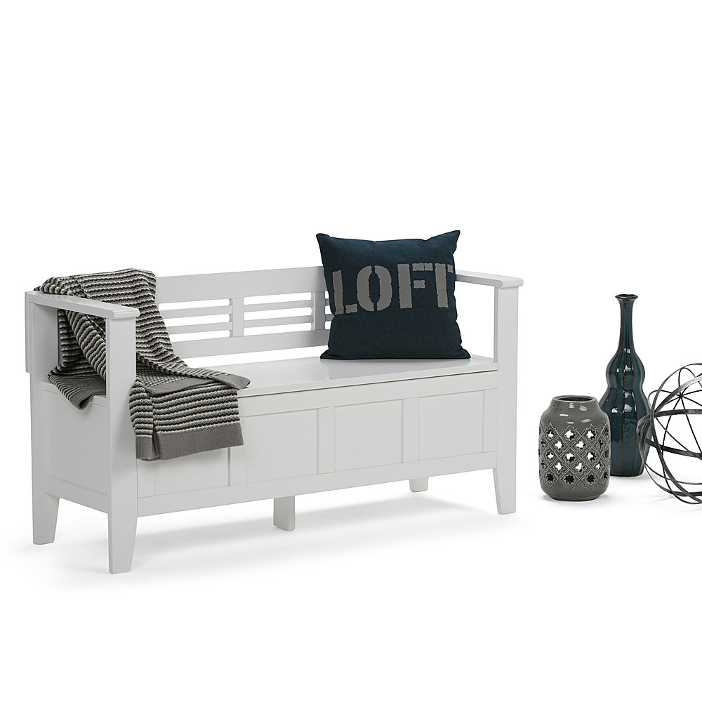 Left View: Simpli Home - Adams Entryway Storage Bench With Backrest - White