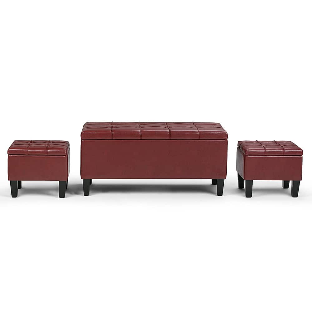 Angle. Simpli Home - Dover Rectangular Faux Leather Storage Ottoman Bench (Set of 3) - Radicchio Red.