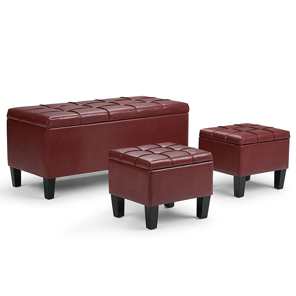 Front. Simpli Home - Dover Rectangular Faux Leather Storage Ottoman Bench (Set of 3) - Radicchio Red.