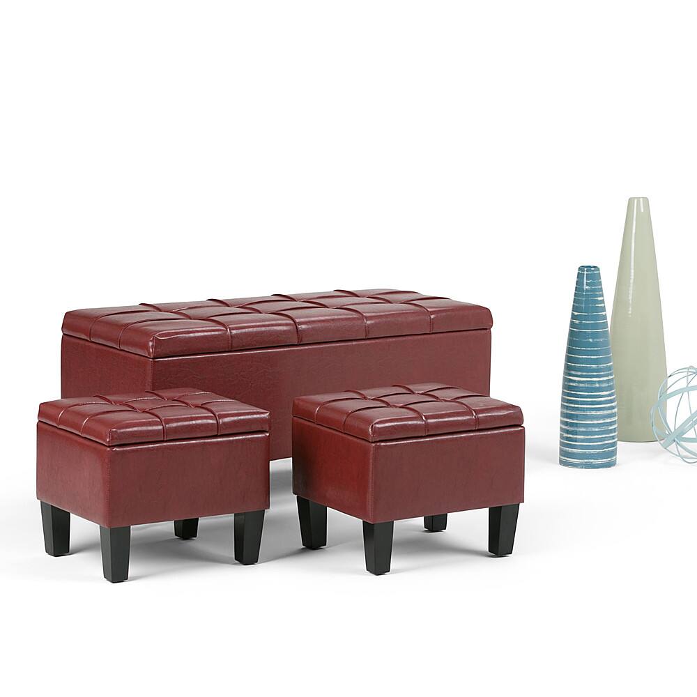 Left. Simpli Home - Dover Rectangular Faux Leather Storage Ottoman Bench (Set of 3) - Radicchio Red.