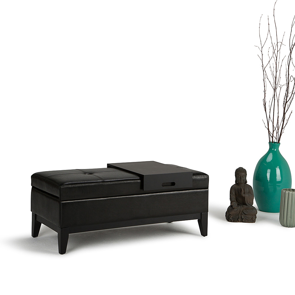 Left View: Simpli Home - Oregon Rectangular Polyurethane Faux Leather Bench Ottoman With Inner Storage - Midnight Black