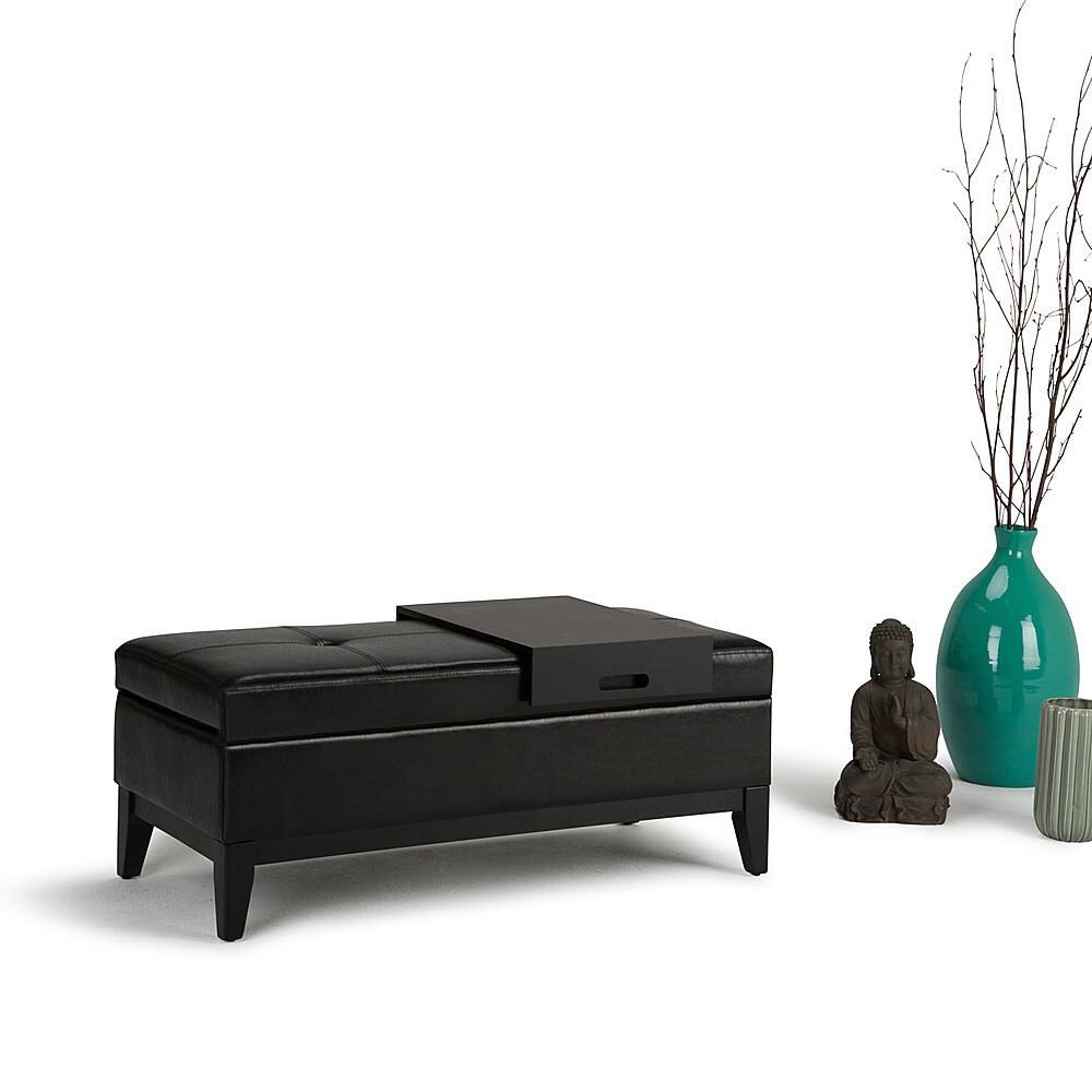 Left. Simpli Home - Oregon Rectangular Polyurethane Faux Leather Bench Ottoman With Inner Storage - Midnight Black.
