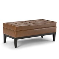 Simpli Home - Castlerock Rectangular Polyurethane Faux Leather Bench Ottoman With Inner Storage - Burnt Umber Tan - Front_Zoom