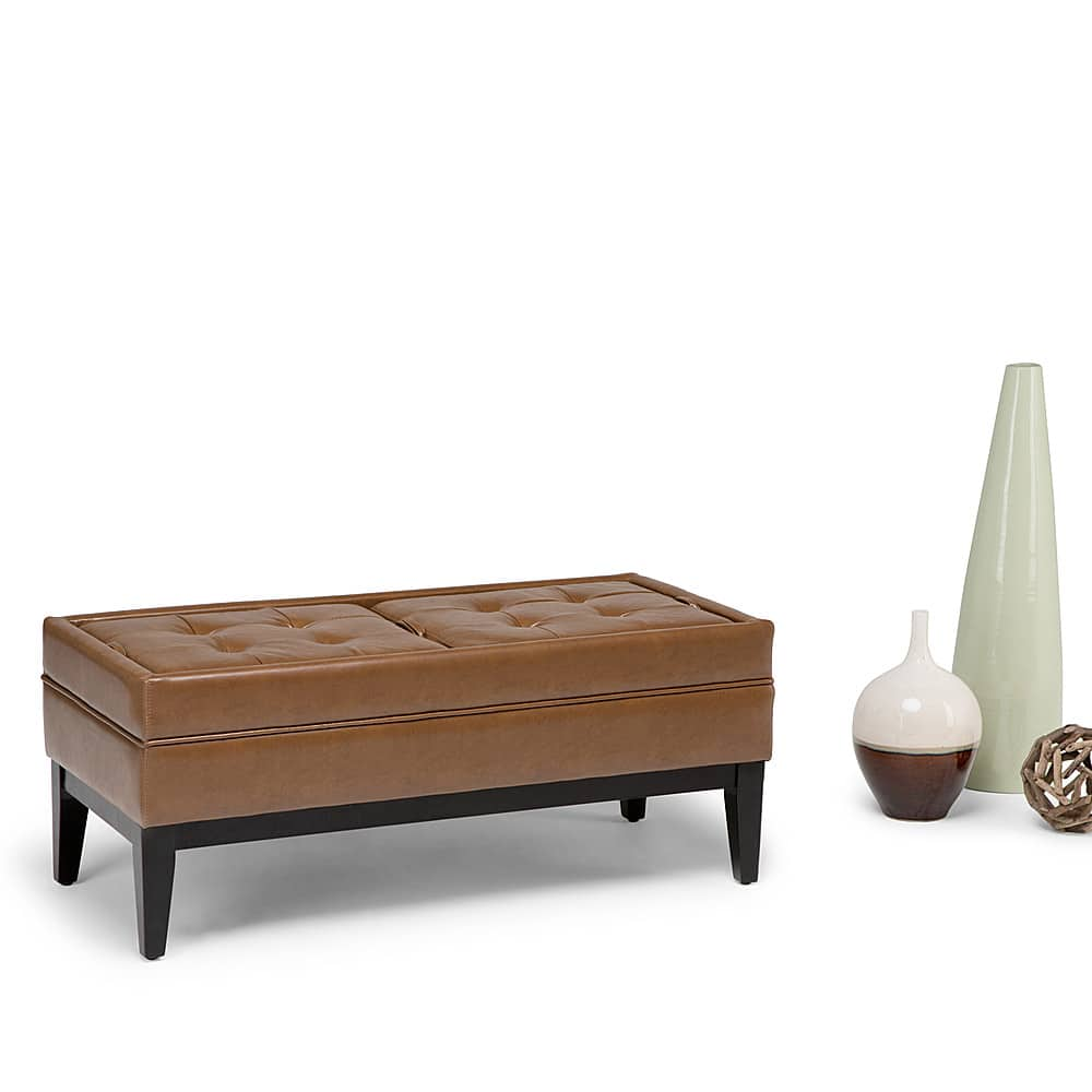 Left View: Simpli Home - Castlerock Rectangular Polyurethane Faux Leather Bench Ottoman With Inner Storage - Burnt Umber Tan