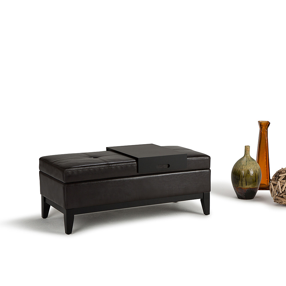 Left View: Simpli Home - Oregon Rectangular Polyurethane Faux Leather Bench Ottoman With Inner Storage - Tanner's Brown