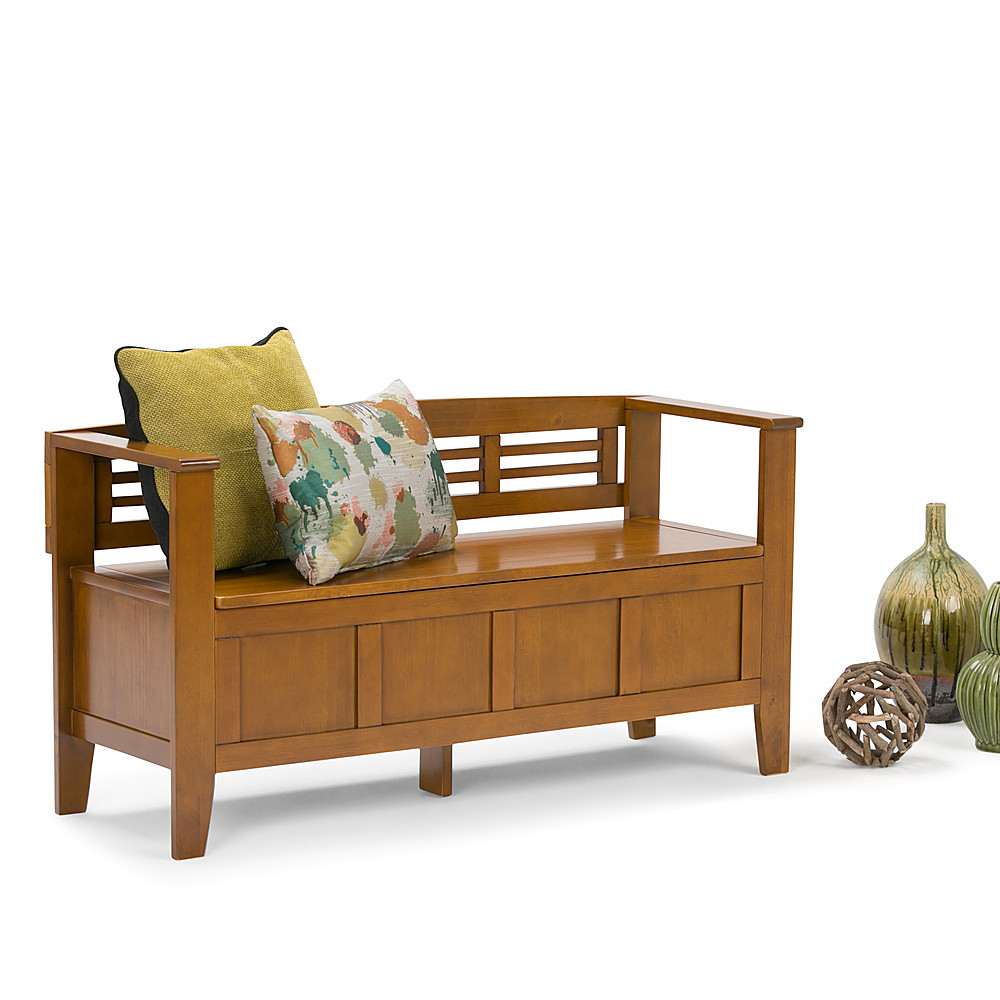 Left View: Simpli Home - Adams Entryway Storage Bench With Backrest - Light Avalon Brown