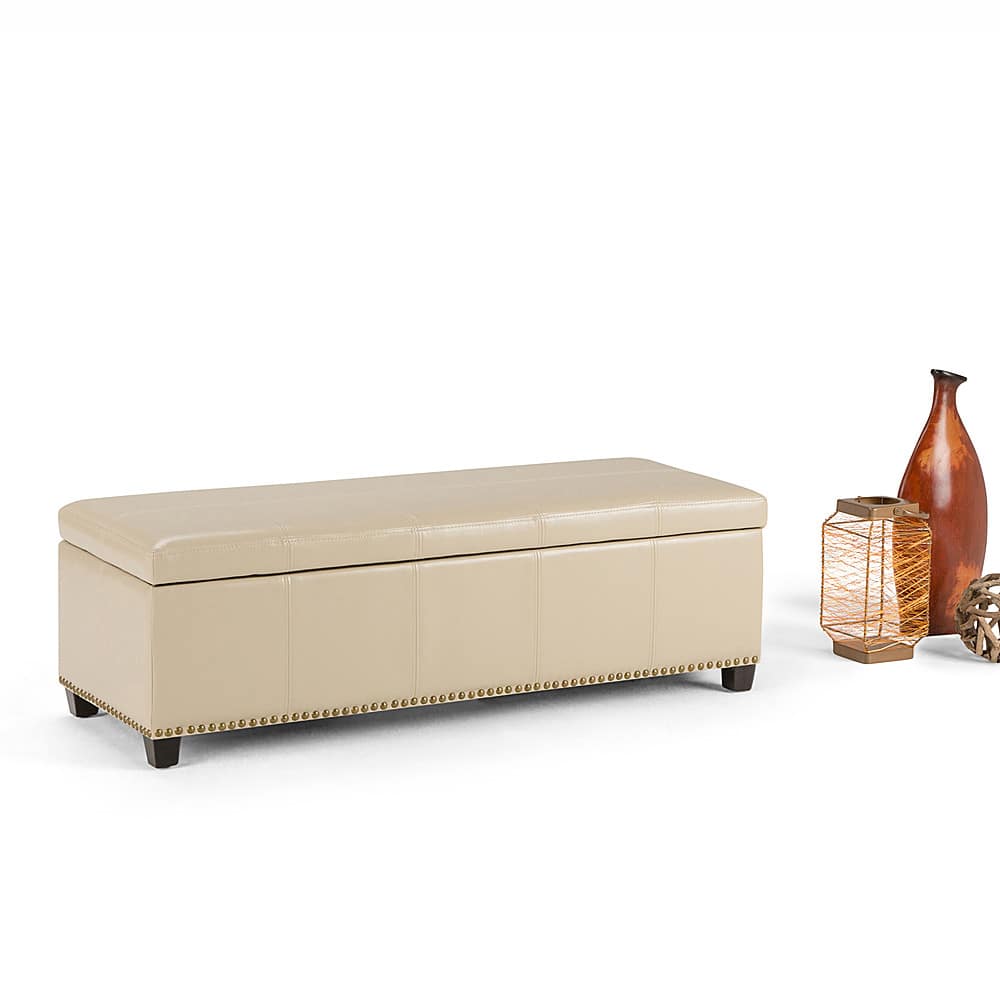 Left View: Simpli Home - Kingsley Rectangular Bonded Leather Bench Ottoman With Inner Storage - Satin Cream