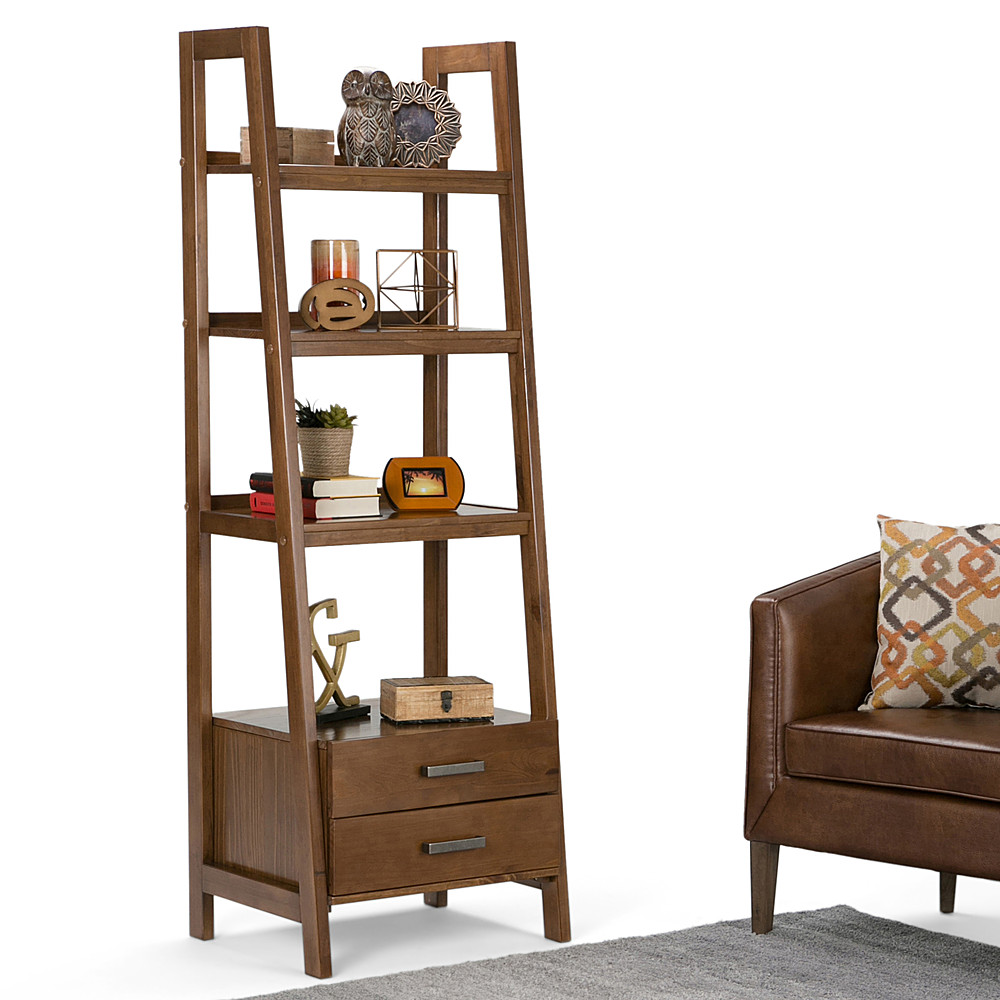 Simpli Home Sawhorse 4 Shelf Ladder Bookcase in Saddle Brown 