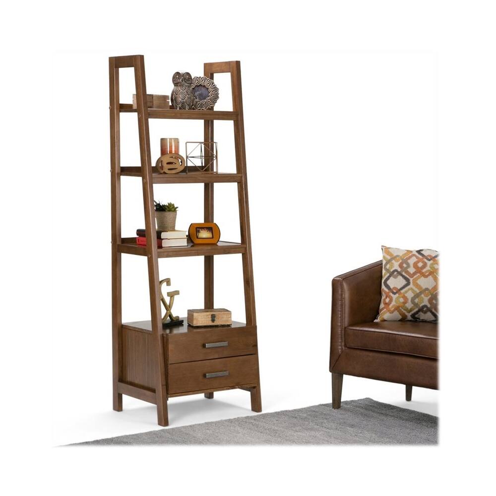 Left View: Simpli Home - Sawhorse Modern Industrial Solid Wood 4-Shelf 2-Drawer Bookcase - Medium Saddle Brown