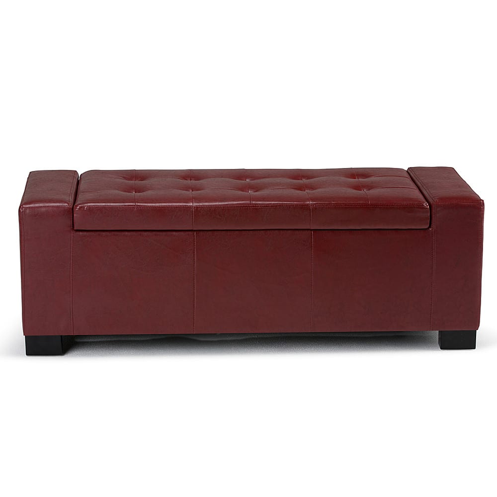 Angle. Simpli Home - Laredo Rectangular Polyurethane Faux Leather Bench Ottoman With Inner Storage - Radicchio Red.