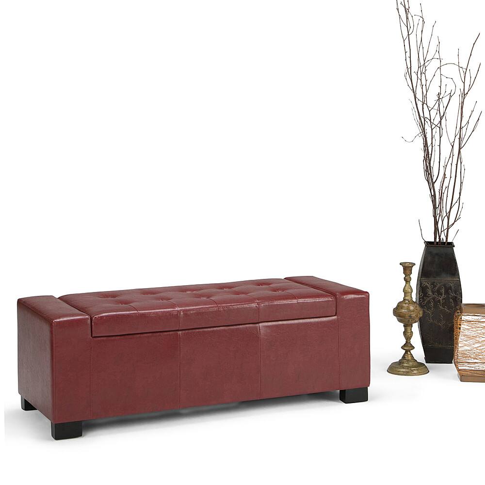 Left. Simpli Home - Laredo Rectangular Polyurethane Faux Leather Bench Ottoman With Inner Storage - Radicchio Red.