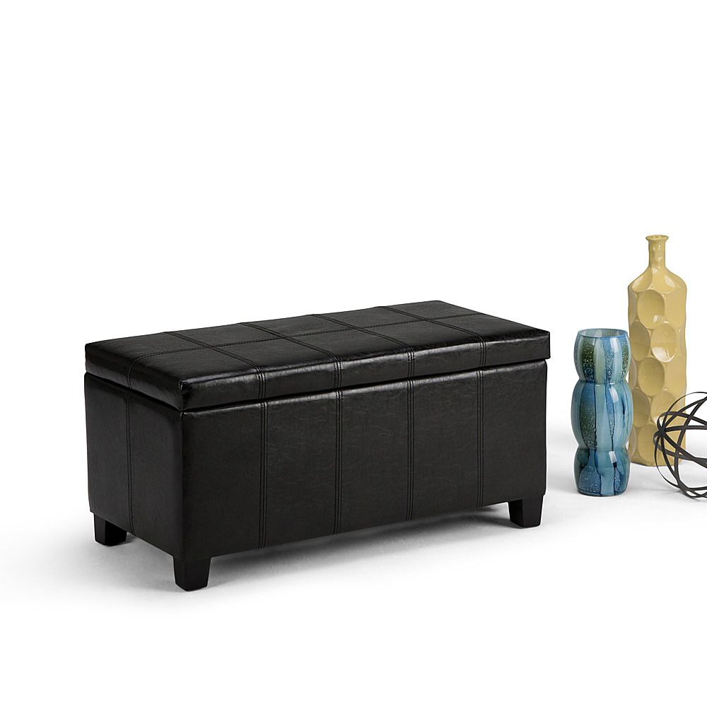 Left View: Simpli Home - Dover Rectangular Polyurethane Faux Leather Bench Ottoman With Inner Storage - Midnight Black