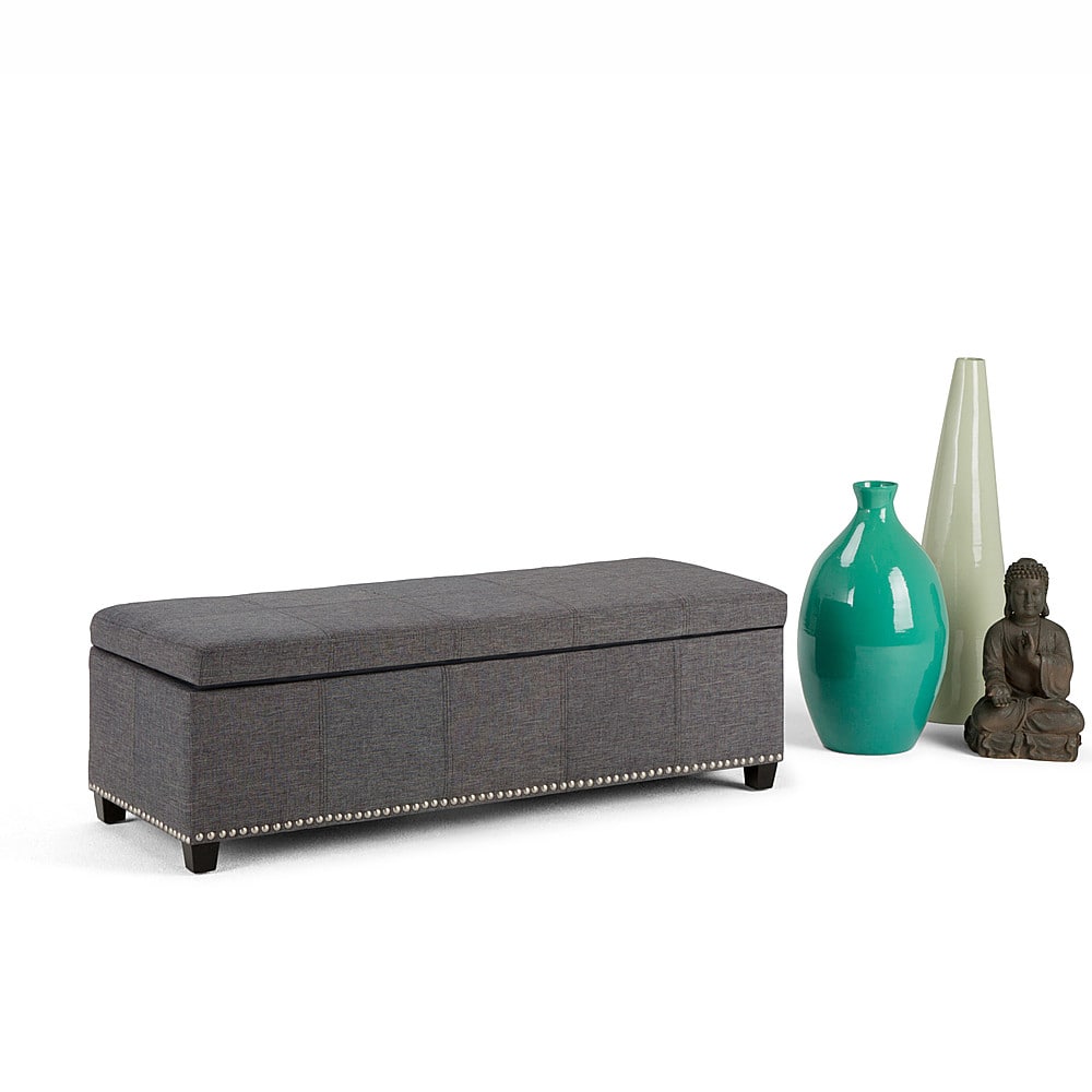 Left View: Simpli Home - Kingsley Rectangular Polyester Bench Ottoman With Inner Storage - Slate Gray