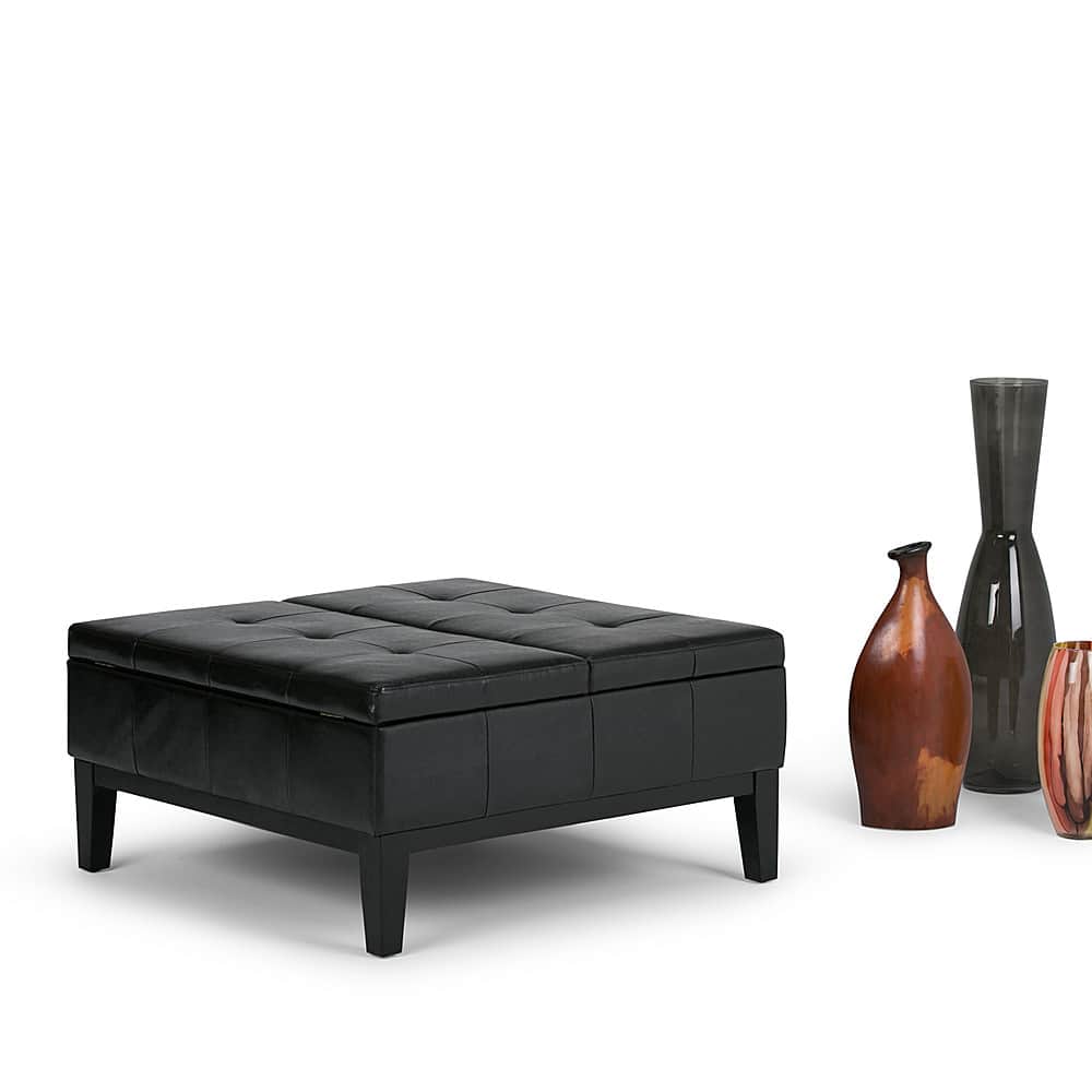 Left. Simpli Home - Dover Square Polyurethane Faux Leather Bench Ottoman With Inner Storage - Midnight Black.